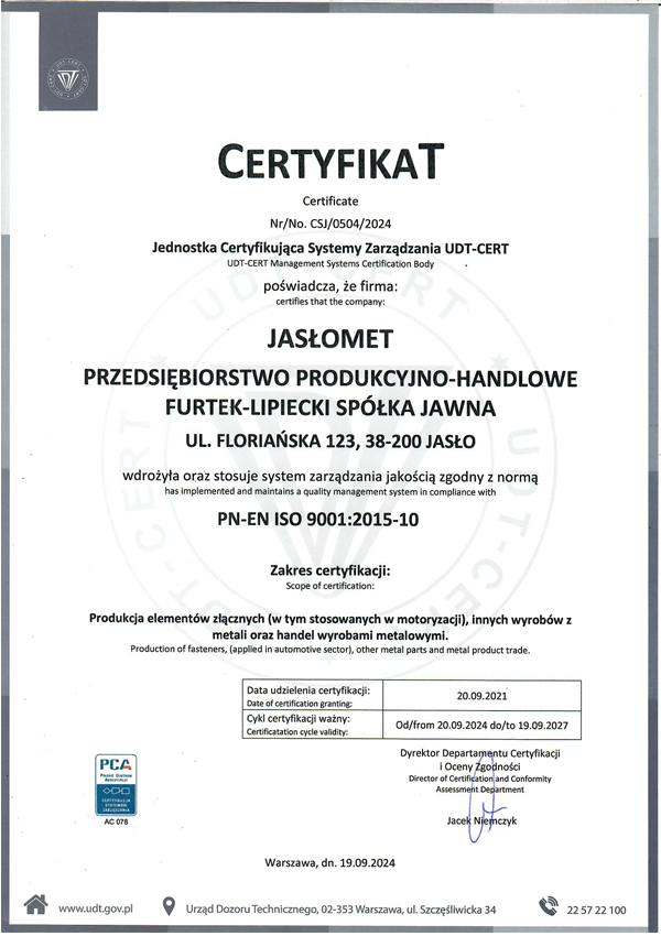 Certyfikat UDT ISO 9001:2015