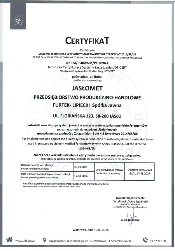 Certyfikat UDT na&nbsp;wyroby ciśnieniowe 2014/68/UE
